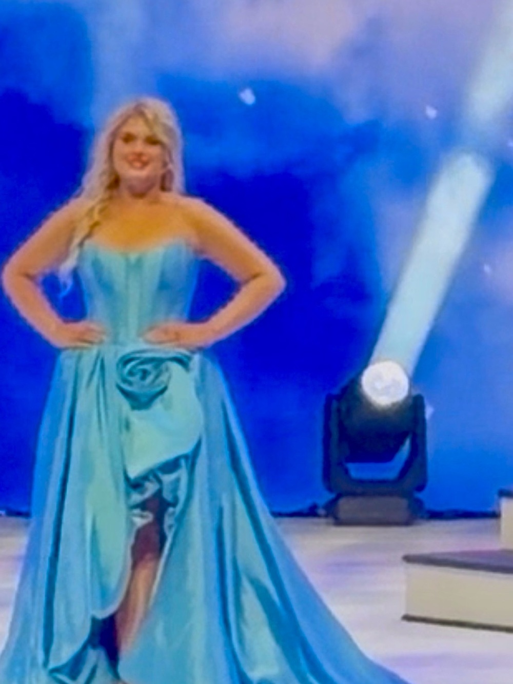 Sherri Hill Strapless Satin Ball Gown in Bright Blue with Rosette - Picture 3 of 4